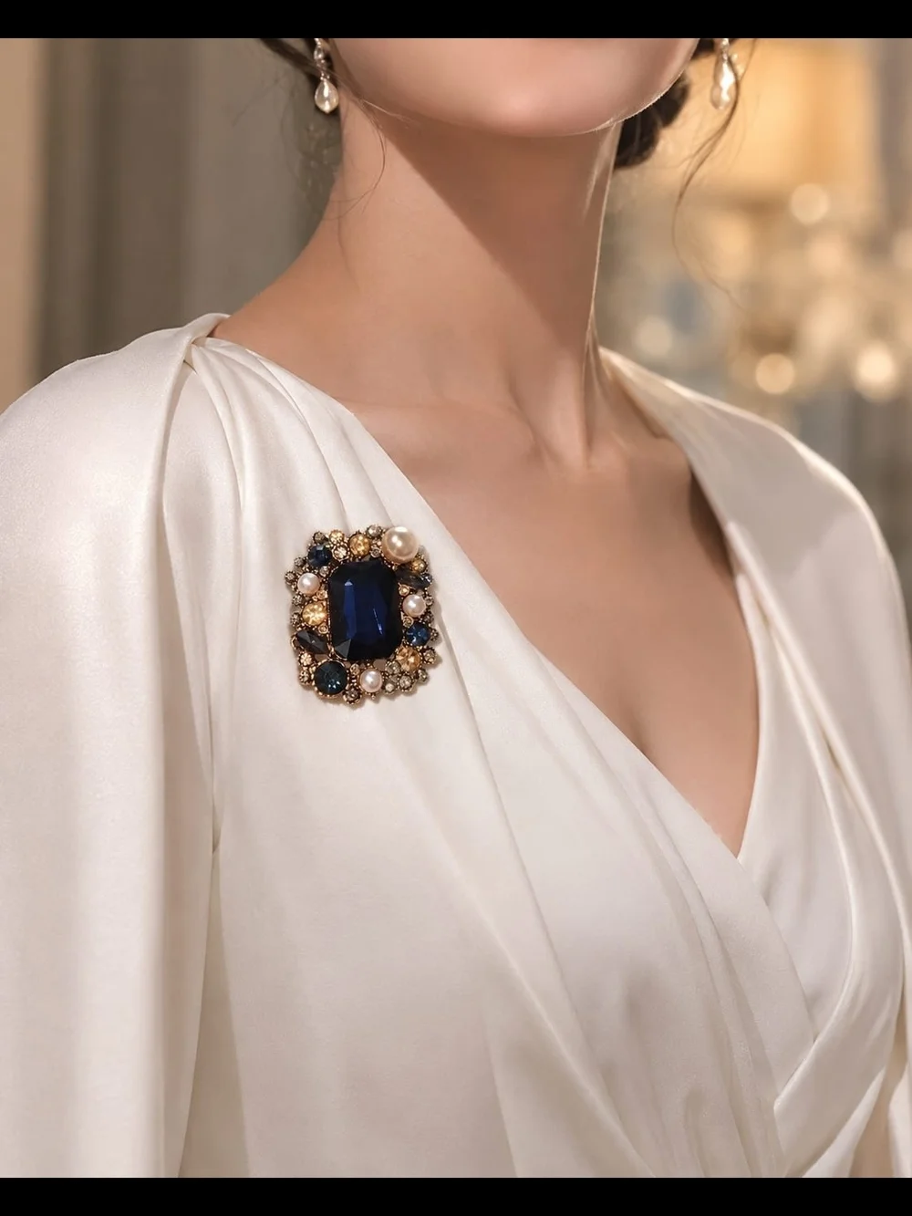 Navy Blue and Champagne Crystal Pearl Brooch - Gold Tone